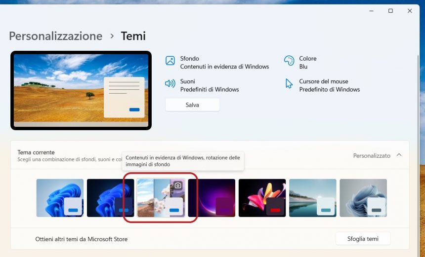 Windows 11 - Impostazioni - Tema predefinito Spotlight