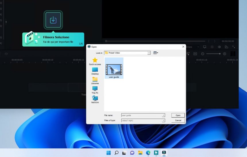 Wondershare Filmora - Finestra di scelta del video da importare