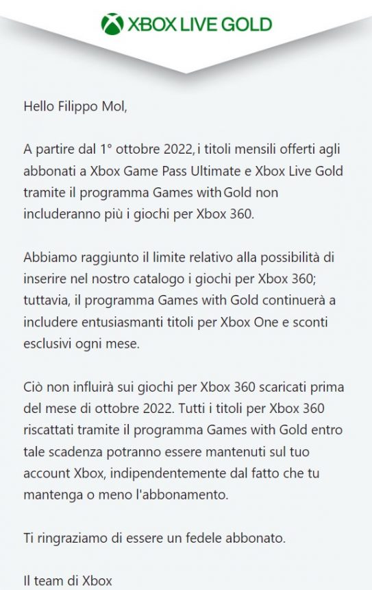 Xbox Live Gold - Messaggio rimozione giochi Xbox 360