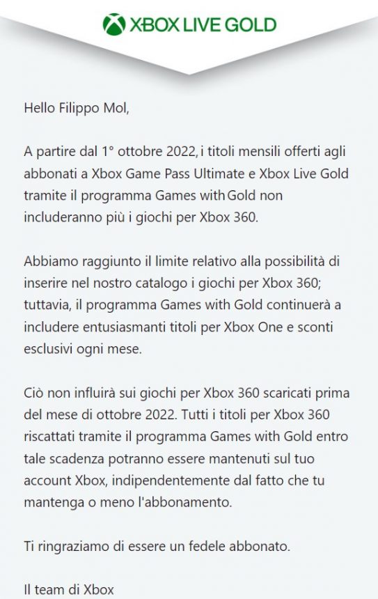 Xbox Live Gold - Messaggio rimozione giochi Xbox 360