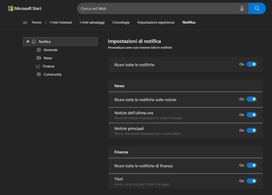 Microsoft Start - Impostazioni notifiche