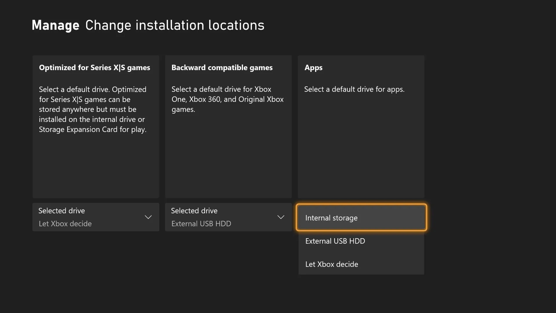 Selezione spazi di installazione su Xbox
