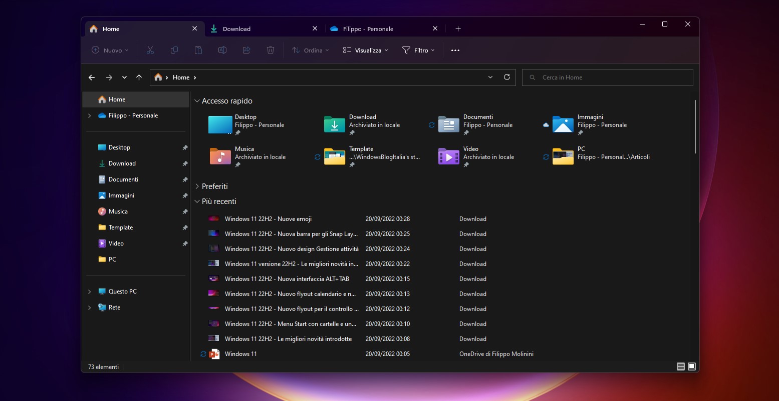 Windows 11 22H2 - Esplora file con schede
