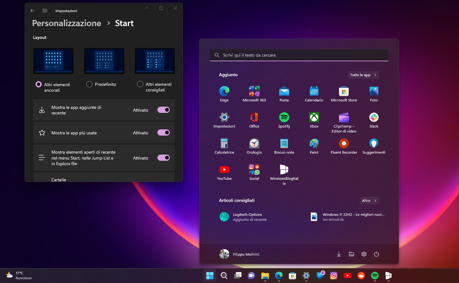 Windows 11 22H2 - Menu Start con cartelle e una riga in più di app