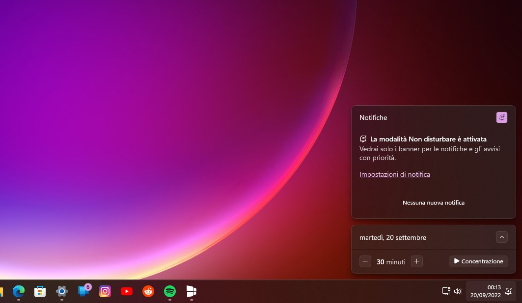 Windows 11 22H2 - Nuovo flyout calendario e notifiche con modalità concentrazione