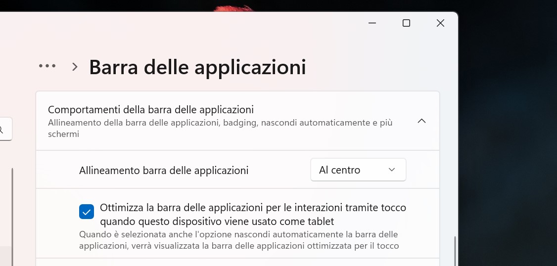 Windows 11 - Impostazioni nuova barra delle applicazioni ottimizzata per il touch