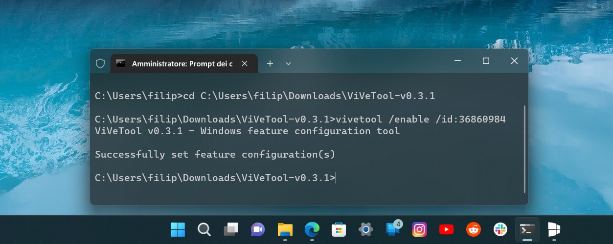 Comandi ViVeTool per abilitare collegamento a Gestione attività sulla barra delle applicazioni di Windows 11 22H2