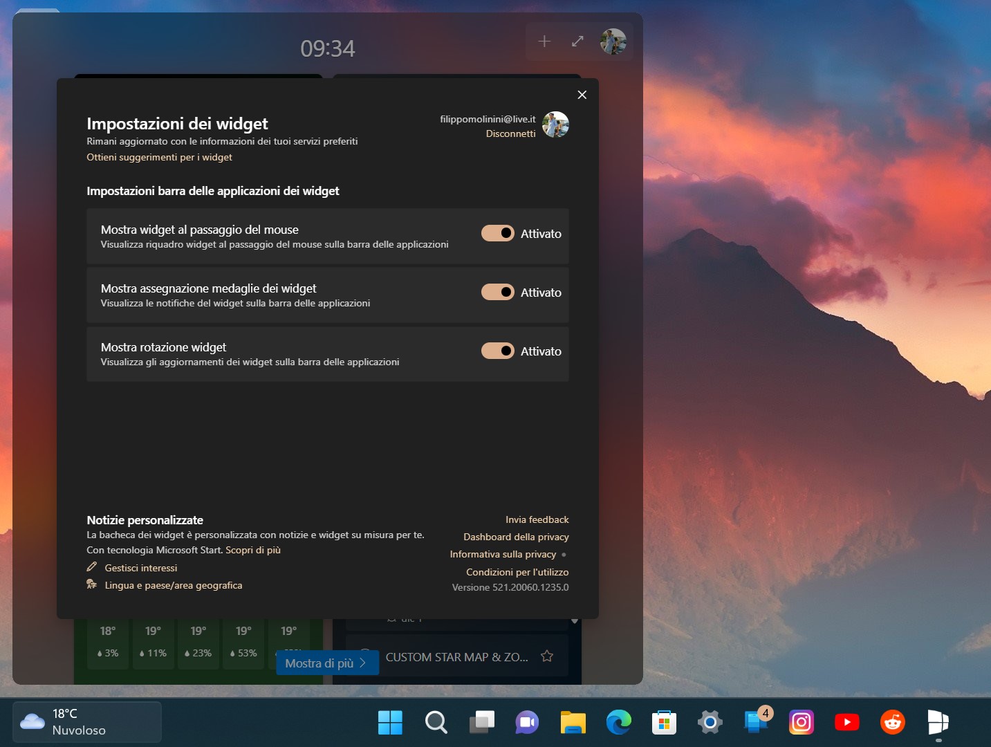 Widget di Windows 11 - Impostazioni dedicate
