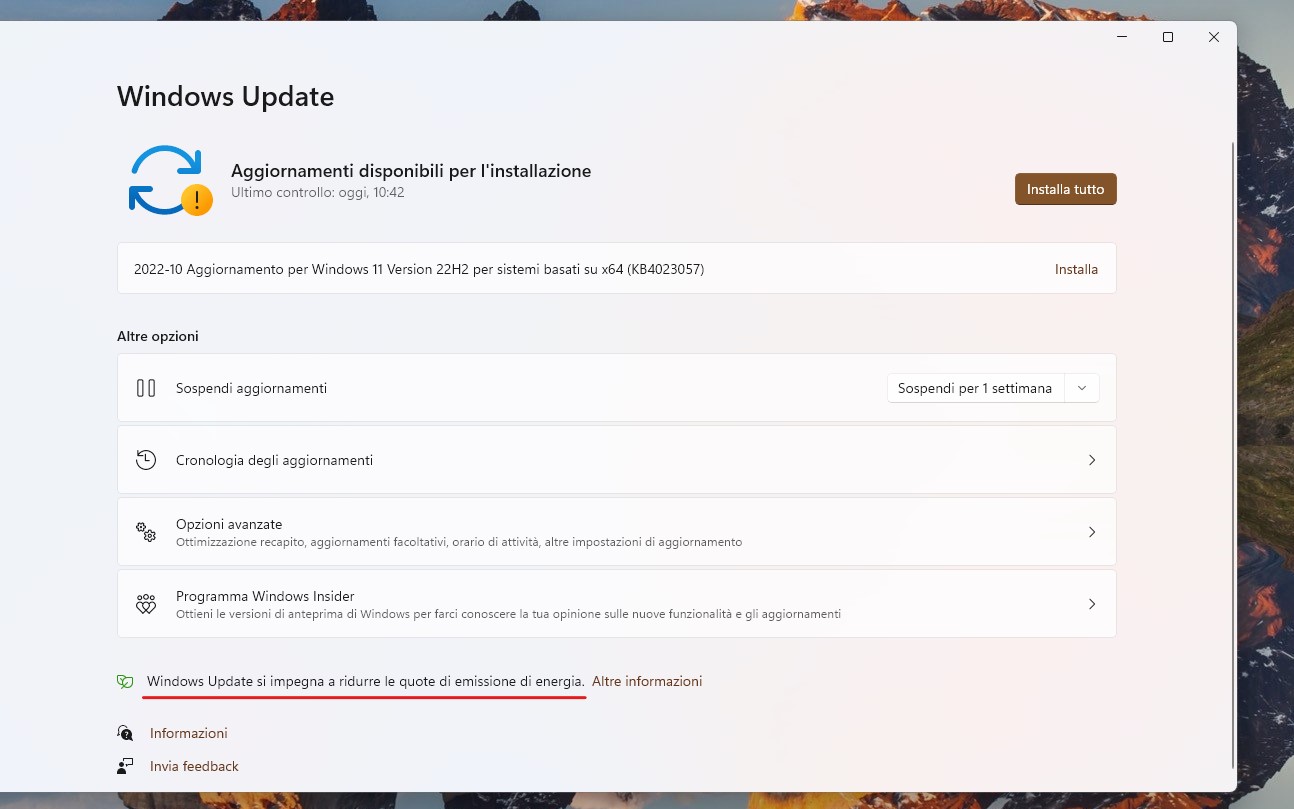 Windows 11 22H2 - Impostazioni - Windows Update - Aggiornamenti con riduzione delle emissioni di energia