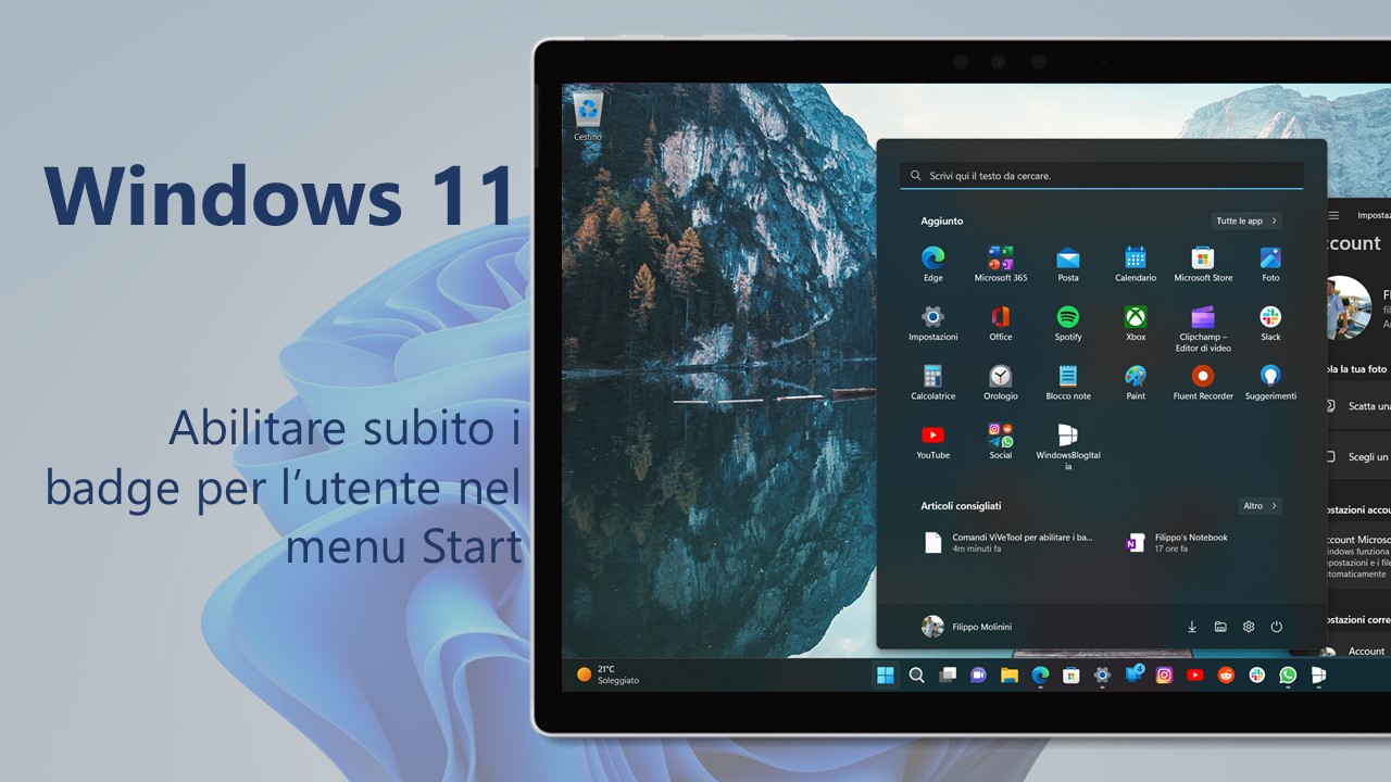 Windows 11 - Come abilitare subito i badge per l’utente nel menu Start