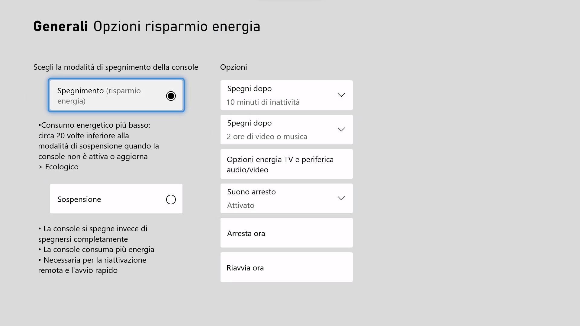 Xbox - Impostazioni risparmio energetico