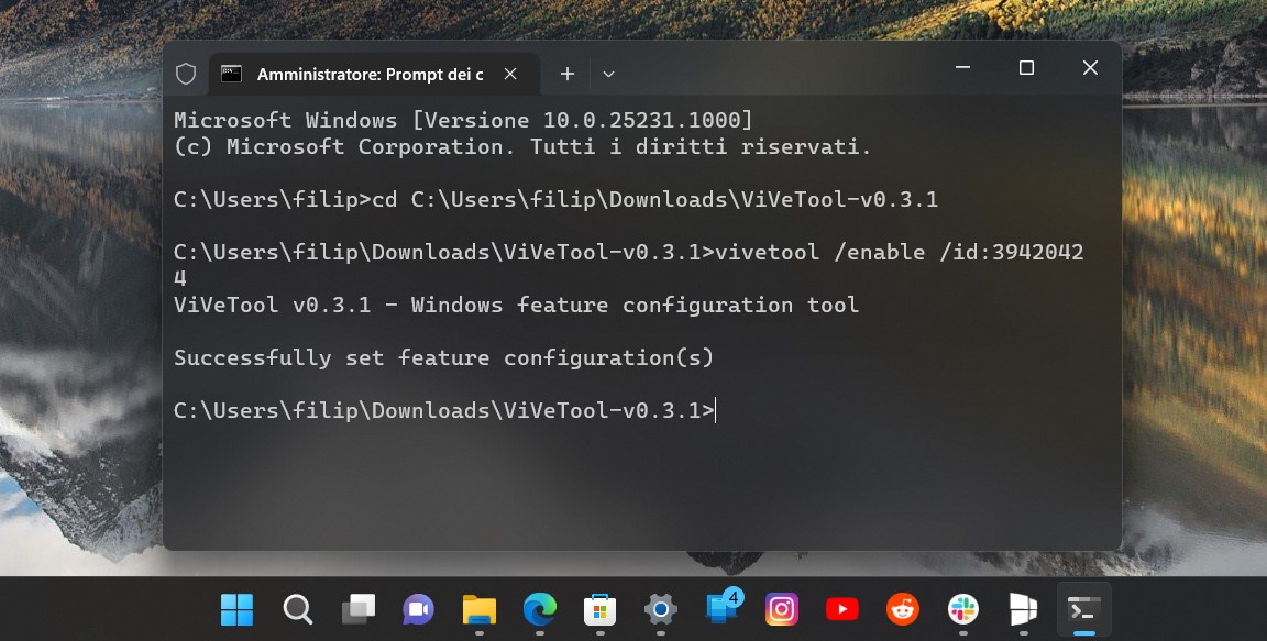 Comandi ViVeTool per abilitare ricerca in Gestione attività di Windows 11