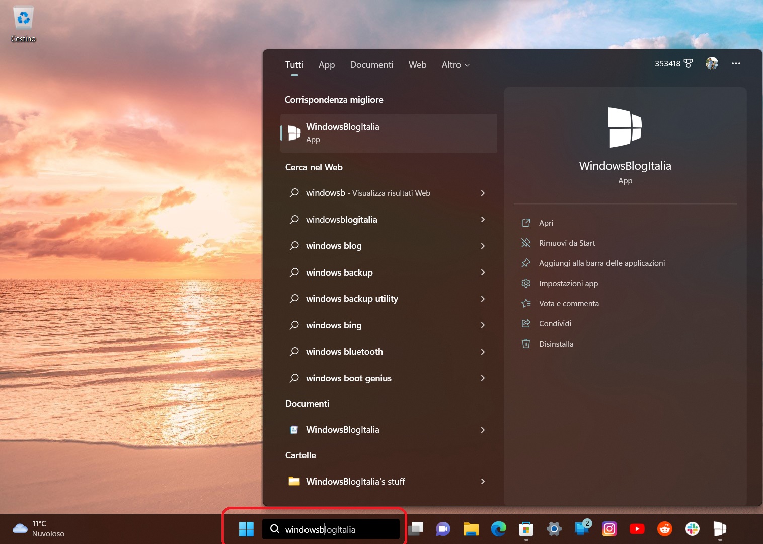 Nuova esperienza di ricerca di Windows 11