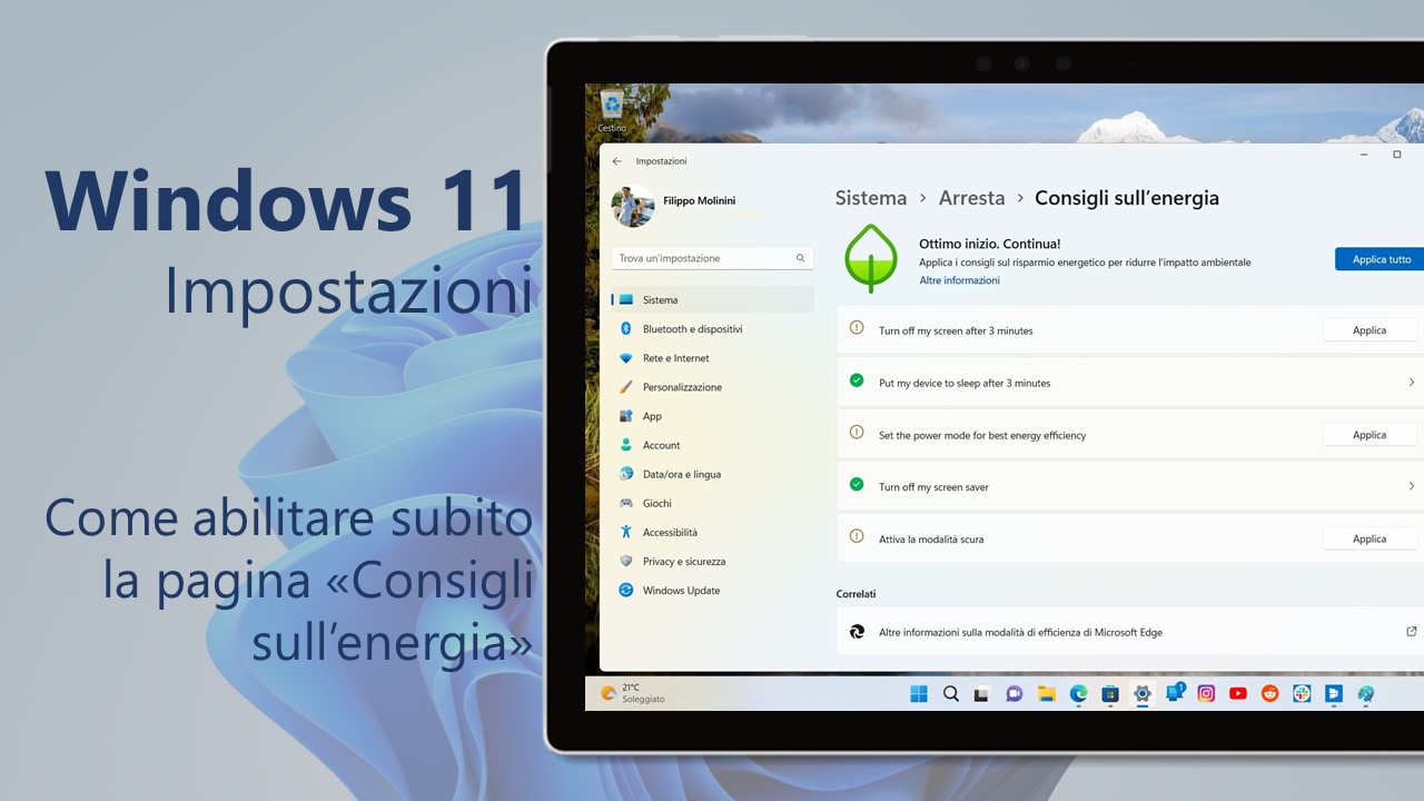 Windows 11 - Come abilitare subito la pagina Consigli sull’energia