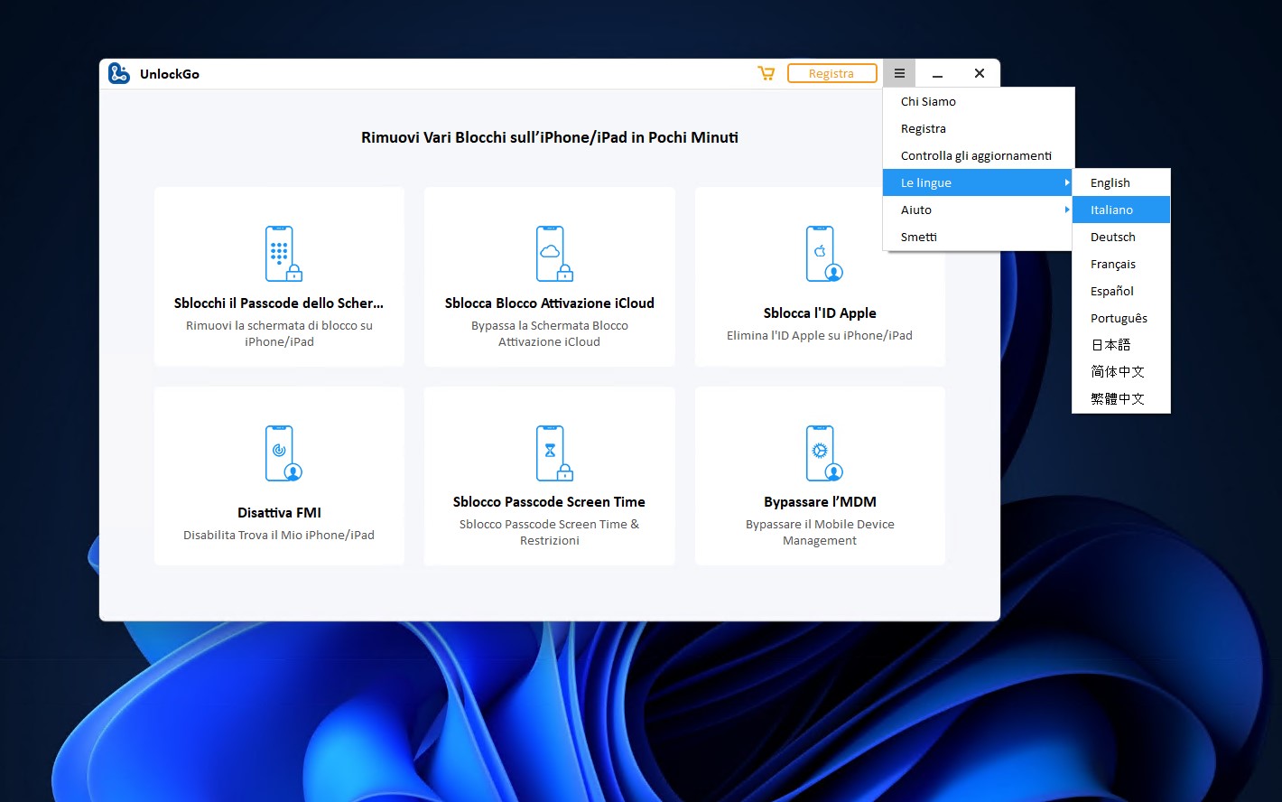 iToolab Unlock Go - Pagina principale e lingue disponibili