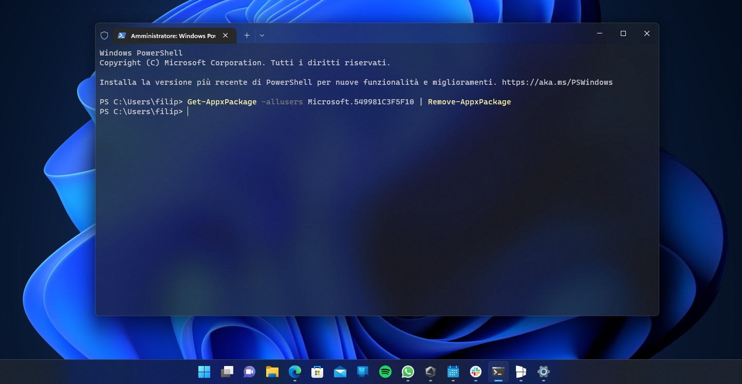 Windows 11 - Comando PowerShell per disinstallare Cortana