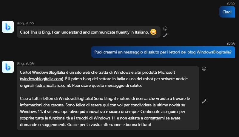 Bing Chat con AI in Skype - Generazione di idee