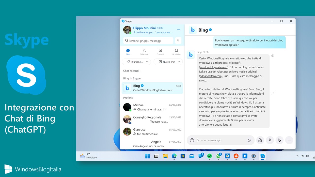 Skype - Integrazione con la Chat di Bing basata su ChatGPT