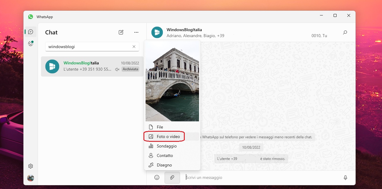 WhatsApp UWP per Windows - Allega Foto o video