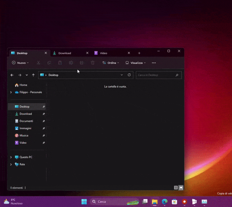 Windows 11 - Schede di Esplora file - Trascinamento di una scheda in una nuova finestra