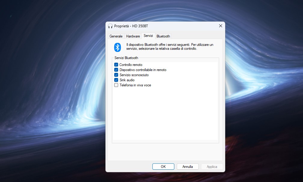 Windows 11 - Dispositivi e stampanti - Proprietà del dispositivo Bluetooth