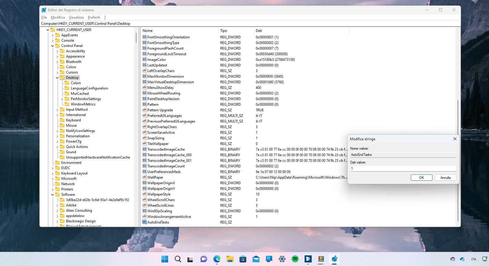 Windows 11 - Editor del Registro di sistema - AutoEndTasks