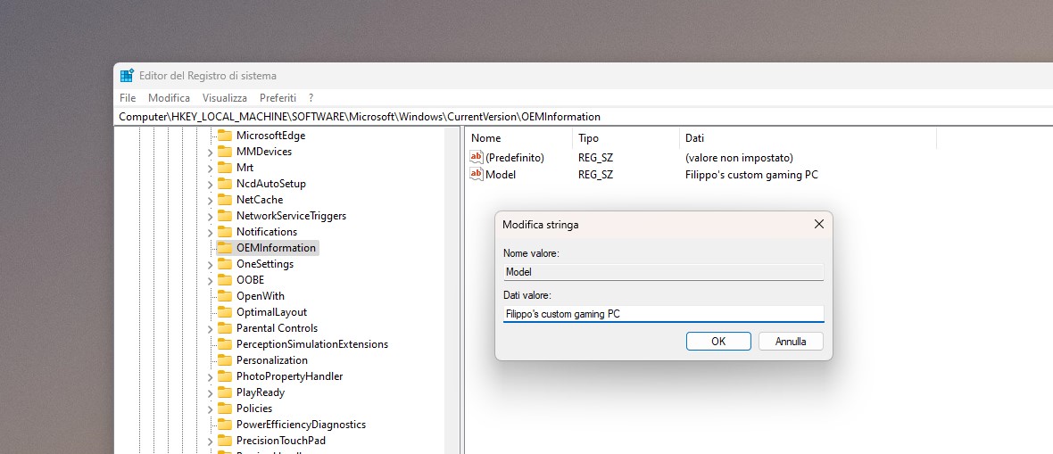 Windows 11 - Editor del Registro di sistema - Cambio System Product Name