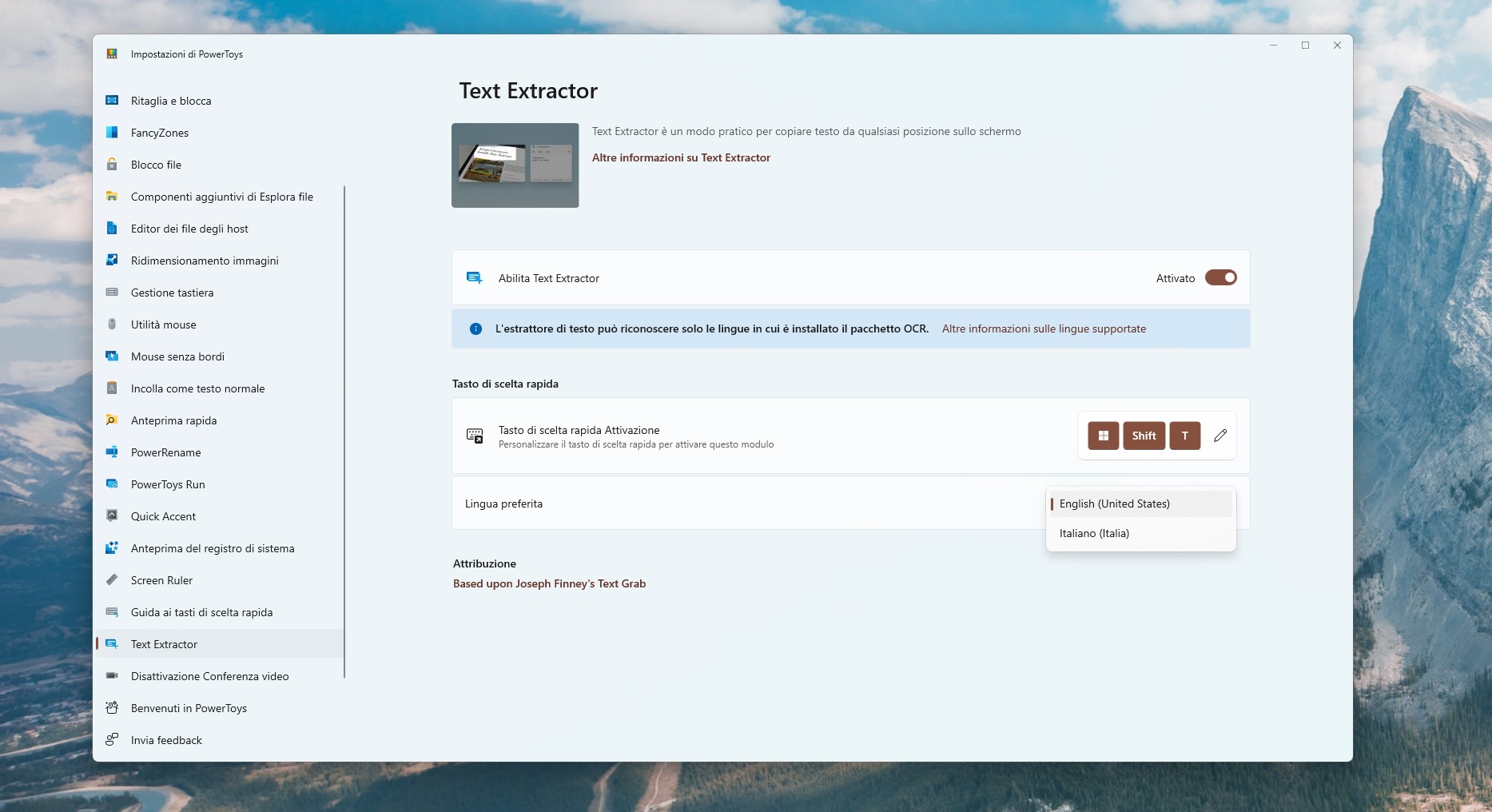 Microsoft PowerToys per Windows - Text Extractor 2.0