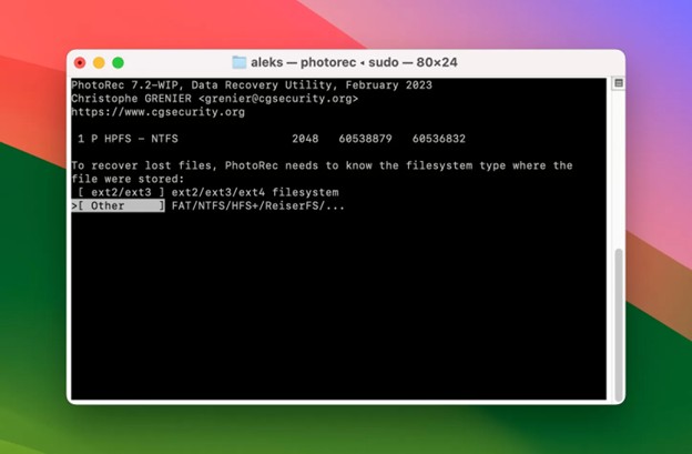 scegliere il tipo di file system in PhotoRec
